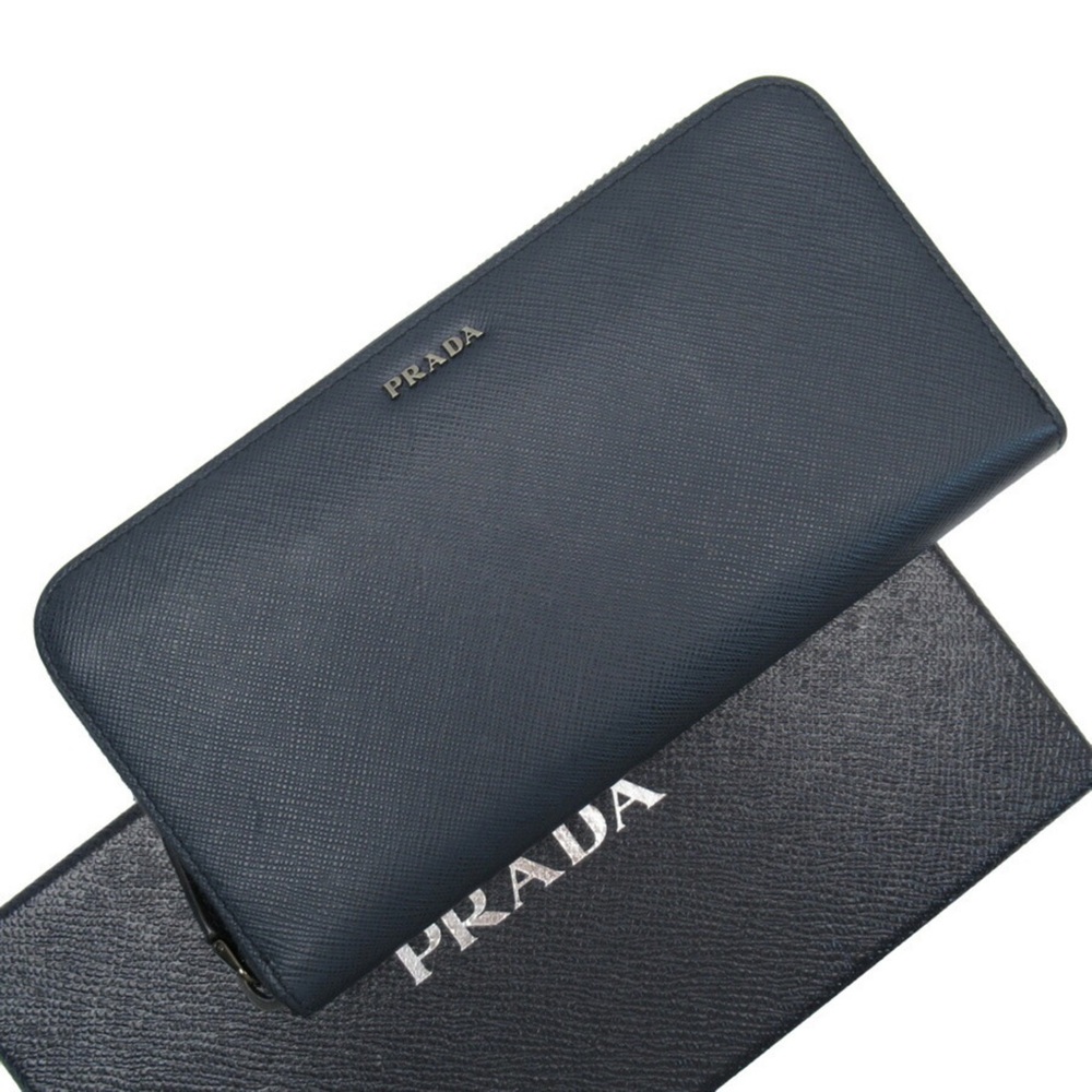 Prada PRADA Round Zipper Long Wallet Navy Saffiano Leather 2ML317